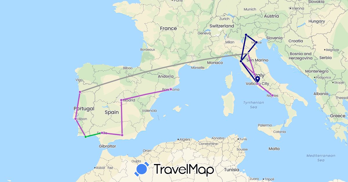 TravelMap itinerary: driving, bus, plane, train in Spain, Italy, Portugal (Europe)